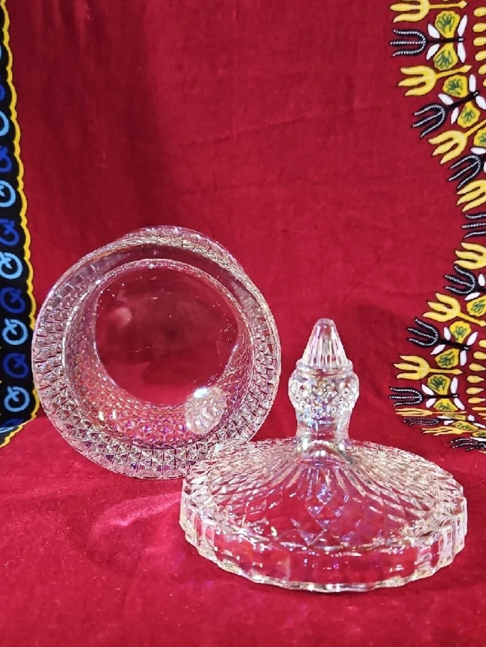 Irridescant Crystal Cut Glass Lidded Candy Dish Jar Diamond Point